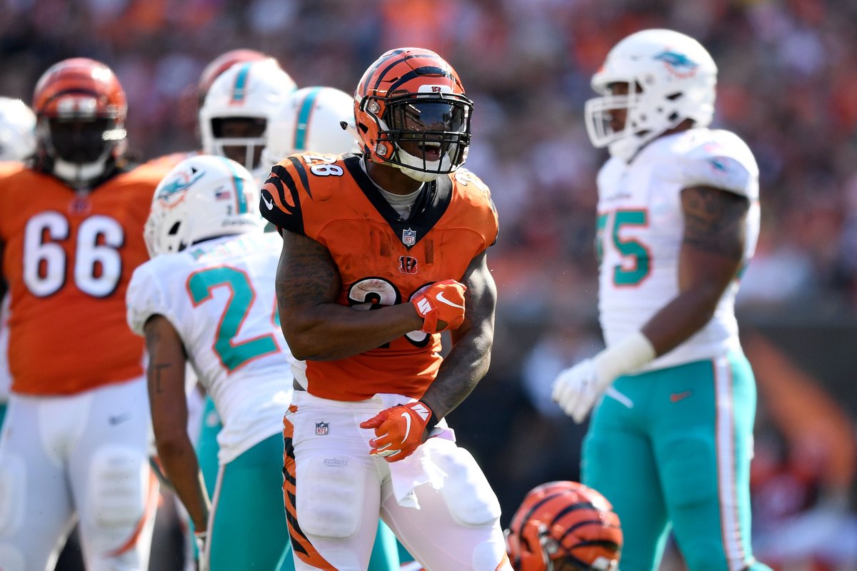 Joe Mixon celebrates a rushing attempt against the Miami Dolphins Week 5